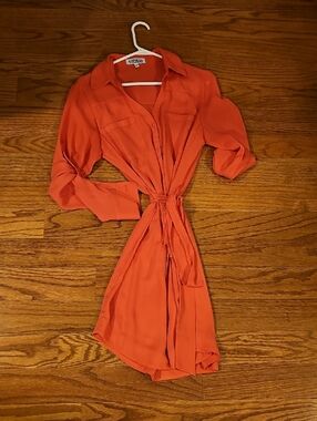 Express Orange Tie-Waist Shirt Dress